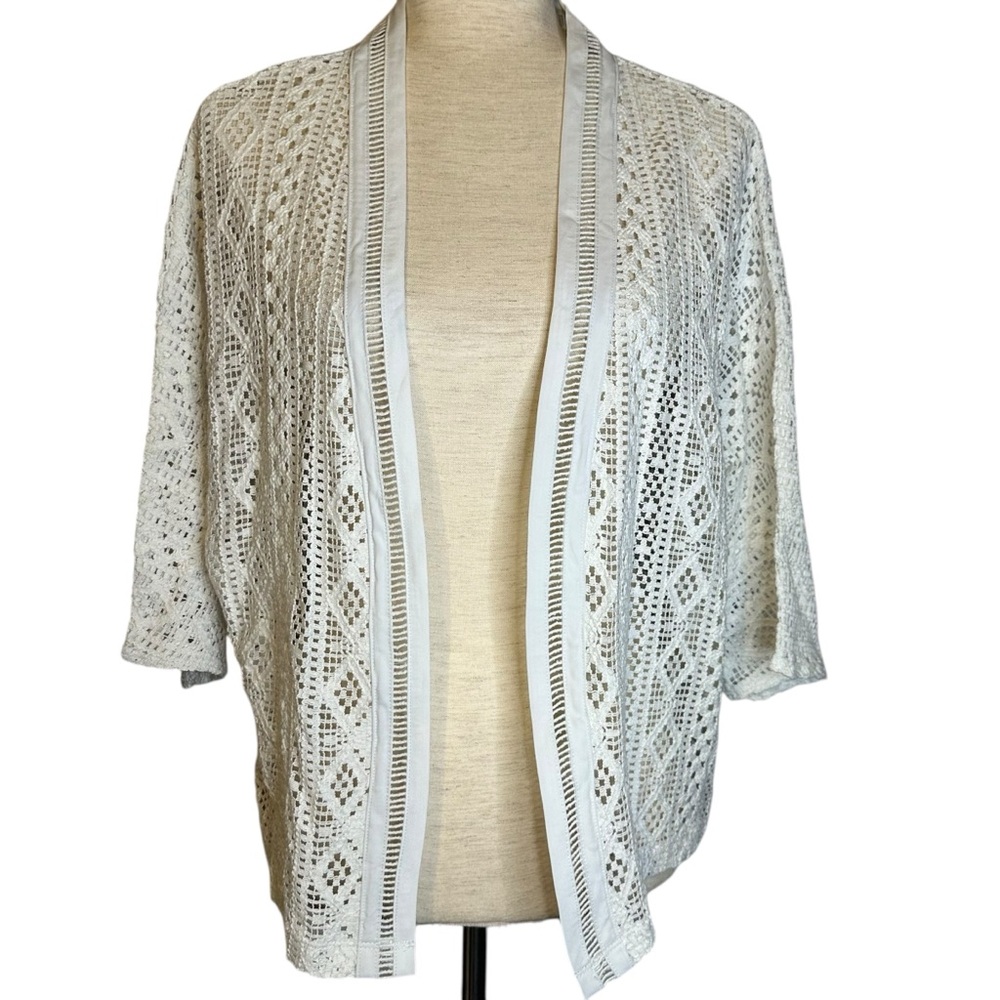 Chico’s Crochet Open Front Cardigan Kimono Cover Up Boho White Size 3 XL Coastal